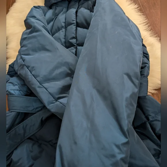 Lands' End Navy Blue Tie Waist Midi Puffer Coat Faux Fur LT Large Tall 14-16 - Picture 5 of 11